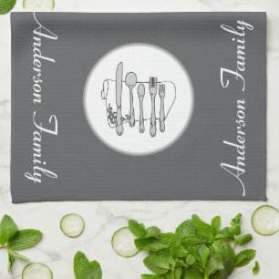 Custom Black, White and Grey Silverware Design Tea Towel