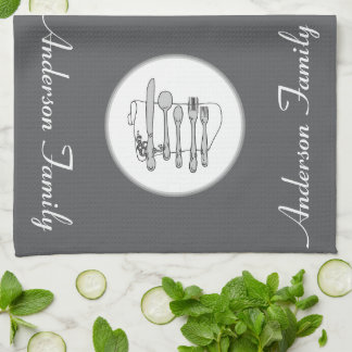 Custom Black, White and Grey Silverware Design Tea Towel