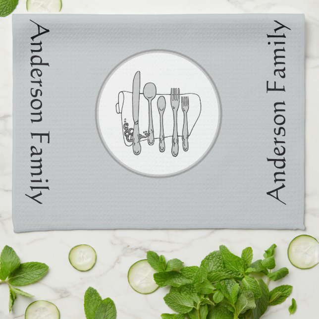 Custom Black, White and Grey Silverware Design Tea Towel (Folded)