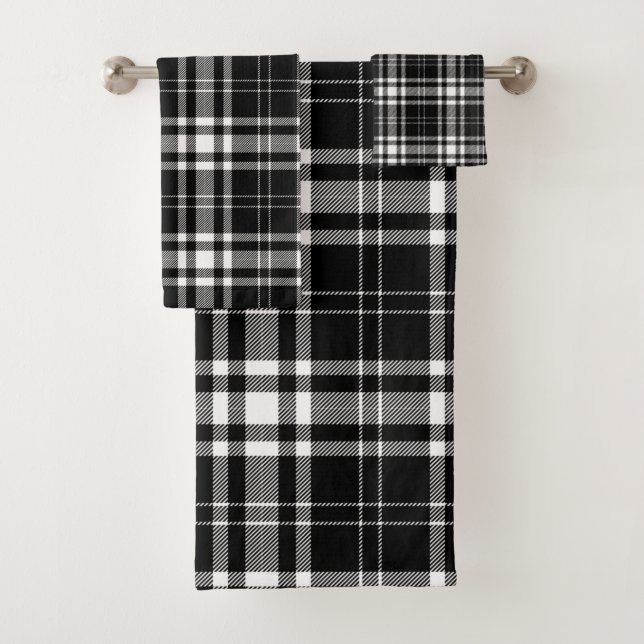 Custom Black White Buffalo Check Tartan Scottish Bath Towel Set (Insitu)