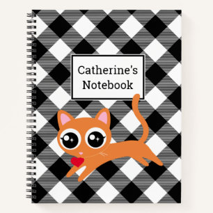 Custom Black & White Buffalo Plaid Orange Kitty Notebook