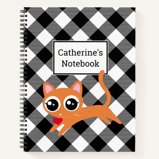 Custom Black & White Buffalo Plaid Orange Kitty Notebook (Front)