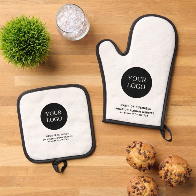 Custom Black & White Business Logo Branded  Oven Mitt & Pot Holder Set (Top Down)