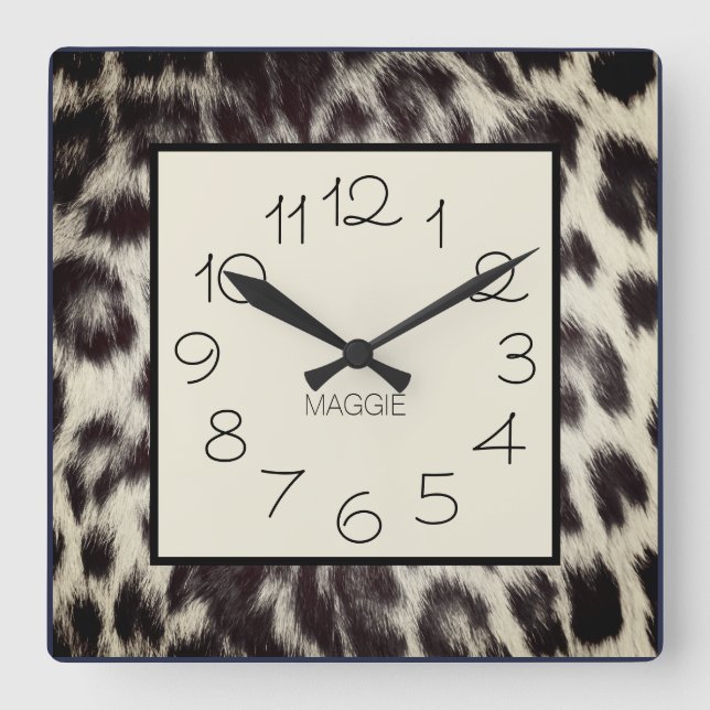 Custom Black White Cheetah Leopard Print Name Square Wall Clock (Front)