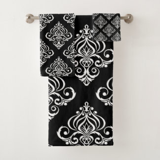 Custom Black & White Damask Pattern Bath Towel Set