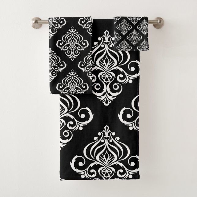 Custom Black & White Damask Pattern Bath Towel Set (Insitu)