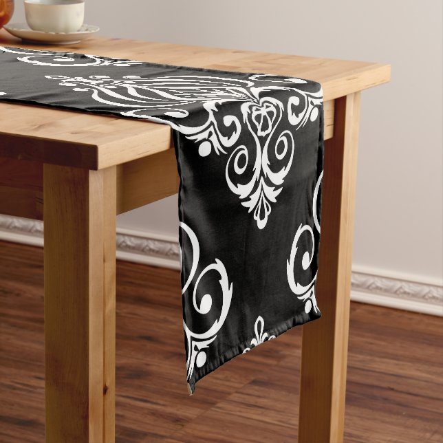 Custom Black & White Damask Pattern Short Table Runner (In Situ)