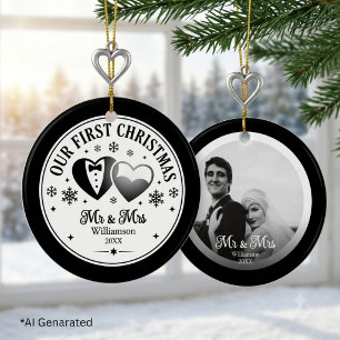 Custom Black White Elegant First Christmas Photo Ceramic Tree Decoration