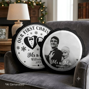 Custom Black White Elegant First Christmas Photo Round Cushion