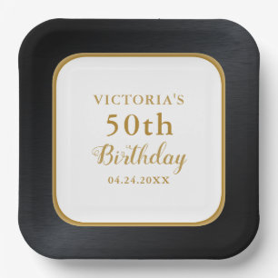 Custom Black White Gold 50th Birthday Paper Plate