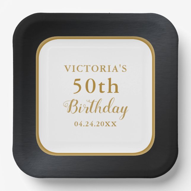Custom Black White Gold 50th Birthday Paper Plate (Front)