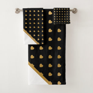 CUSTOM BLACK WHITE GOLD HEARTS BATHROOM TOWEL SET
