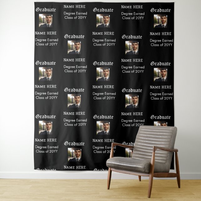 Custom Black White Graduation Party Photo Backdrop Tapestry (In Situ)