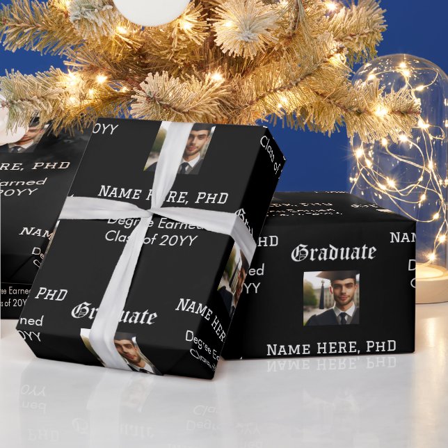 Custom Black & White Graduation Photo Class Degree Wrapping Paper (Holidays)
