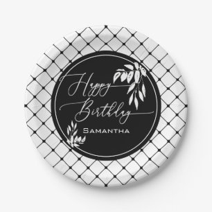 Custom Black White Happy Birthday Diamond Pattern Paper Plate