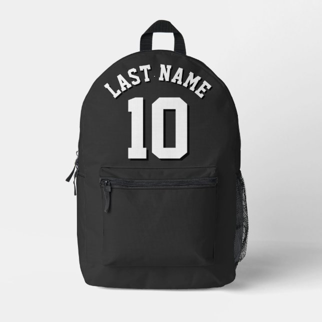 Custom Black White Last Name Sports Jersey Number Printed Backpack (Front)