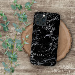 Custom Black White Marble Stone Stripes Pattern<br><div class="desc">Contemporary white marble stripes texture stripes pattern on black. With room to customize with name, monogram or initials of your choice. Beautiful, modern and cool cover for the trend-savvy and art-loving hip trendsetter, artsy motif lover who wants to protect their phone from dust and dirt, wear and tear. This design...</div>