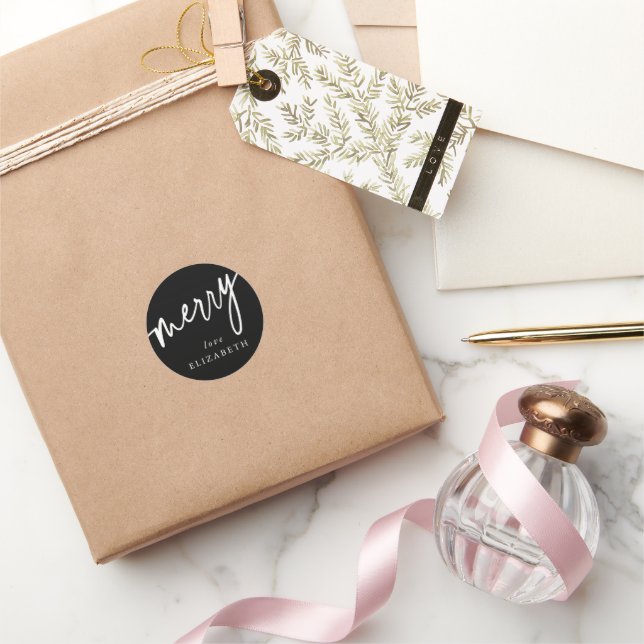 Custom Black + White 'Merry' Christmas/Holiday Classic Round Sticker (Gifting)