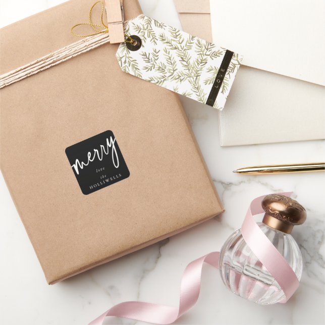 Custom Black + White 'Merry' Christmas/Holiday Square Sticker (Gifting)