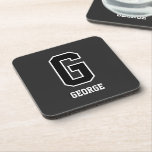 Custom Black White Personalised Monogram For Him Coaster<br><div class="desc">Made for him. Bold and seemingly simple. Seemingly simple but this design has many layers and specific characteristics that make it unique. Classic and bold sports font for the monogram in black and white outline. Personalisation in the same font in white with a black drop shadow to add depth. All...</div>