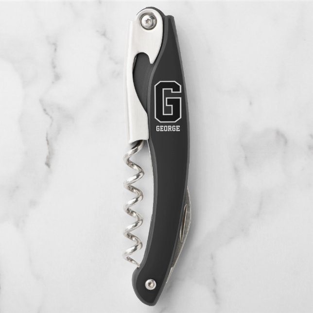 Custom Black White Personalised Monogram For Him Corkscrew (Front)