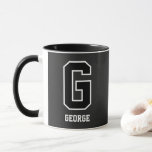 Custom Black White Personalised Monogram For Him Mug<br><div class="desc">Made for him. Bold and seemingly simple. Seemingly simple but this design has many layers and specific characteristics that make it unique. Classic and bold sports font for the monogram in black and white outline. Personalisation in the same font in white with a black drop shadow to add depth. All...</div>