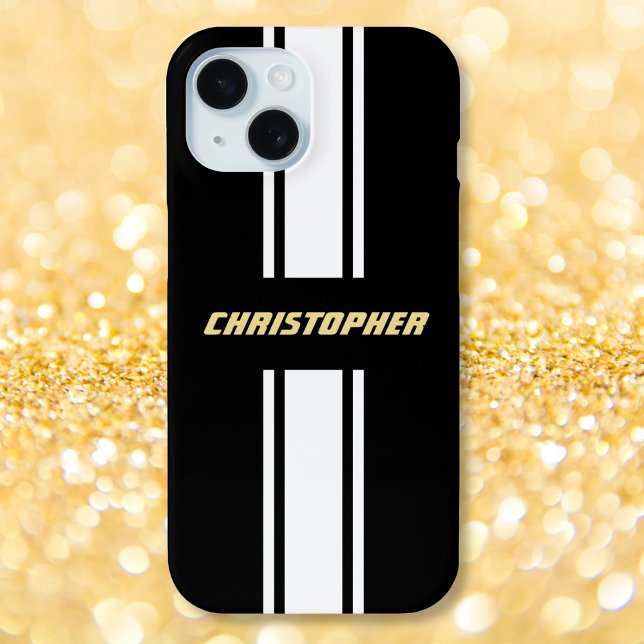 Custom Black White Racing Stripes Gold Monogrammed Case-Mate iPhone Case (Custom Black White Racing Stripes Gold Monogrammed Case-Mate iPhone Case)