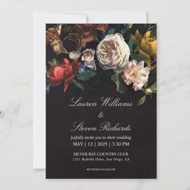 Custom Black White Red Roses Dutch bouquet wedding Invitation (Front)