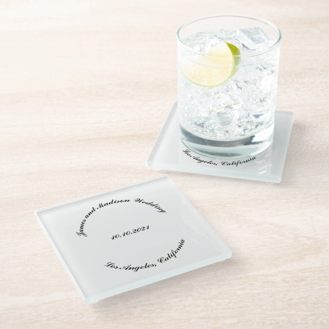Custom black white script Name date wedding favour Glass Coaster (Angled)