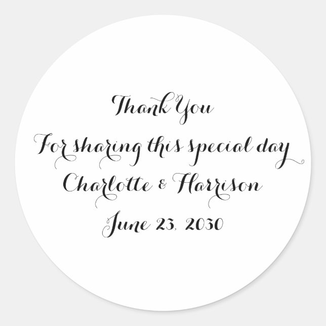 Custom black white script Wedding gift favour Classic Round Sticker (Front)