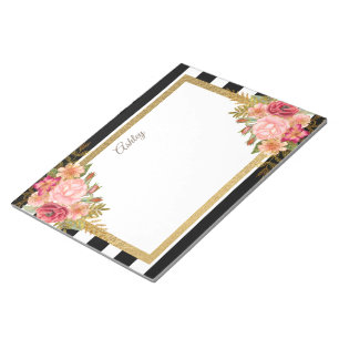 Custom Black White Stripes Pink Gold Floral Notepad