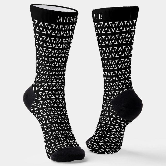 Custom Black & White Triangle Geometric Pattern  Socks (Angled)