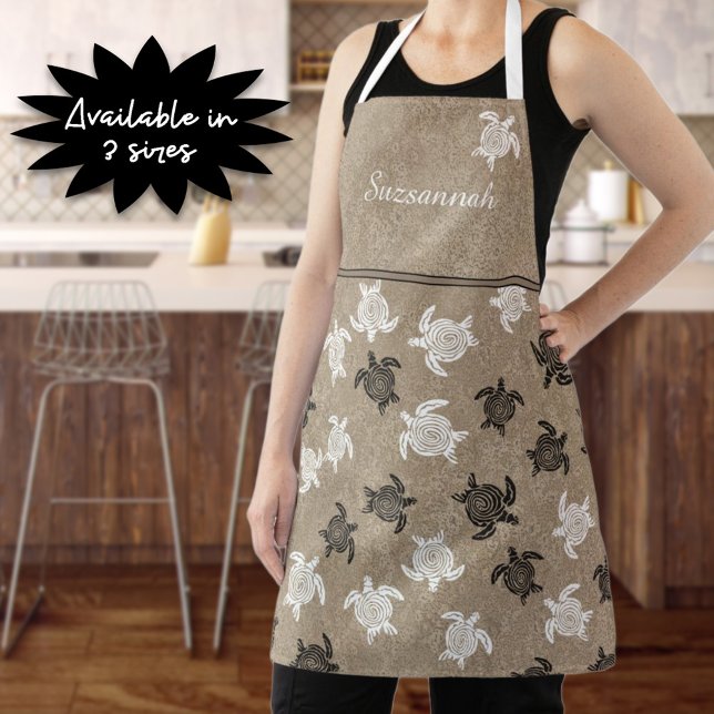 Custom Black White Tribal Art Turtles Pattern Apron (This black and white tribal turtle art apron is good for gardening, baking, cooking or crafting.)