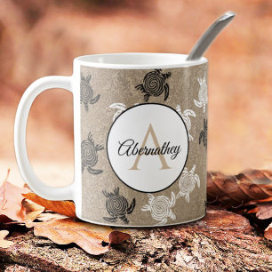 Custom Black White Tribal Art Turtles Pattern Coffee Mug