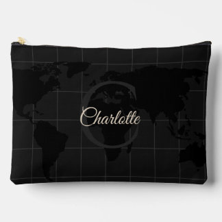 Custom Black White World Map Monogram Name Accessory Pouch