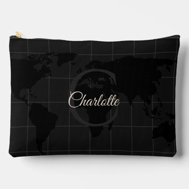 Custom Black White World Map Monogram Name Accessory Pouch (Front)