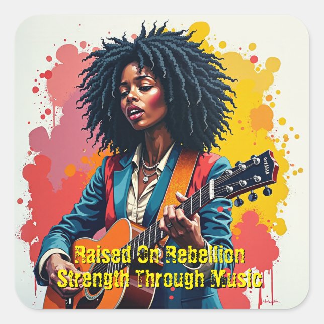 Custom Black Woman Guitarist Art Inspirational Square Sticker (Front)