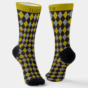 Custom Black Yellow Grey Argyle Pattern Socks