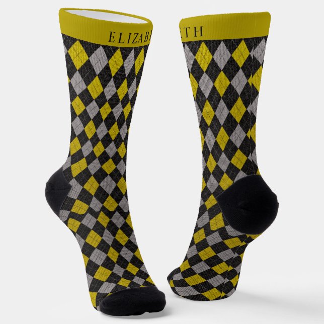 Custom Black Yellow Grey Argyle Pattern Socks (Angled)