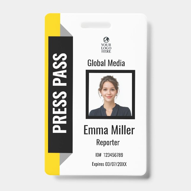 Custom Black & Yellow Media Pass | Press ID  Badge (Front)