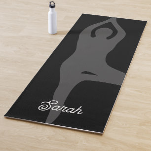 Custom black yoga mat with tree pose silhouette