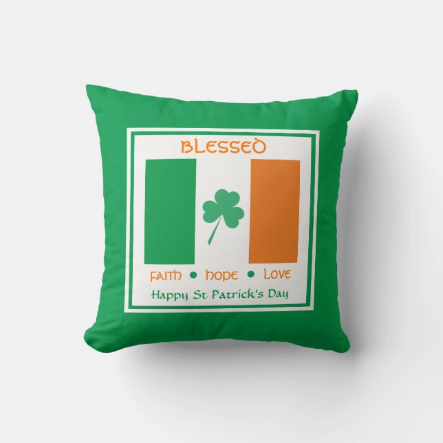 Custom BLESSED Irish Flag St Patricks Day Cushion (Front)