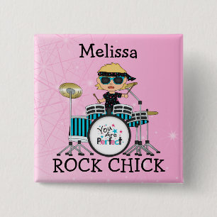 Custom Blonde Drummer Girl with Stars on Pink 15 Cm Square Badge