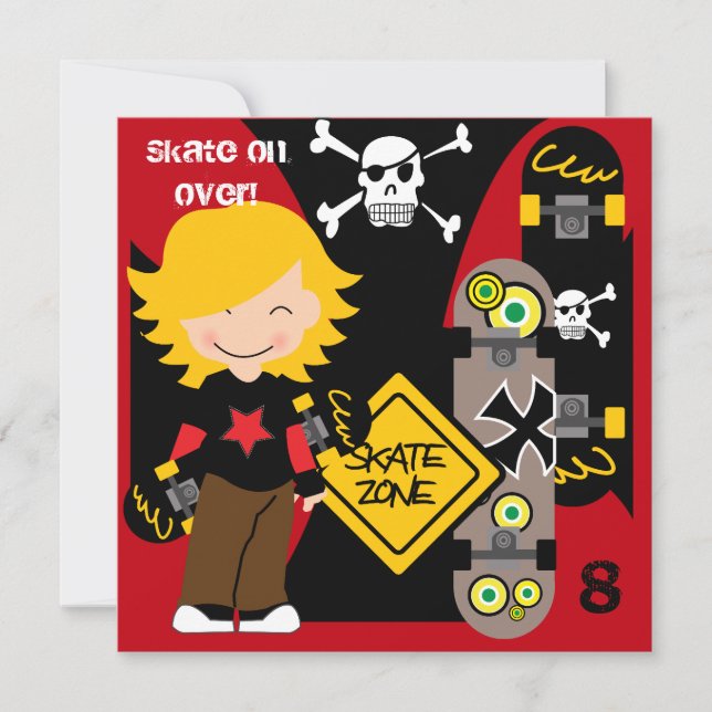 Custom Blonde Skateboarding Birthday Invitations (Front)