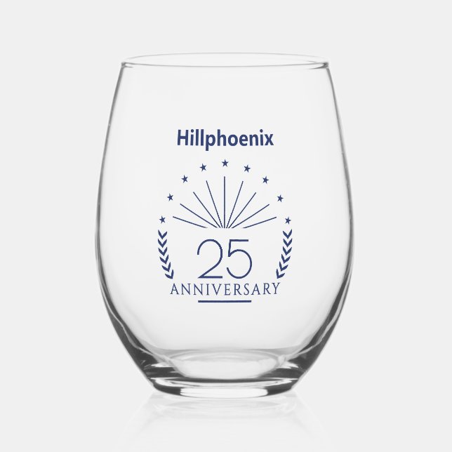Custom Blue 25th Wedding Anniversary Typograph Ste Stemless Wine Glass (Front)