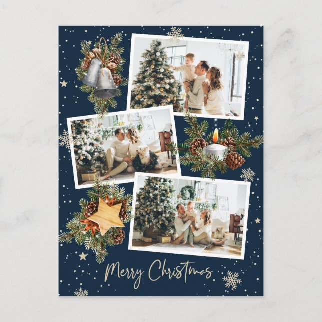 Custom Blue 3 Photo Collage Merry Christmas Postcard (Front)