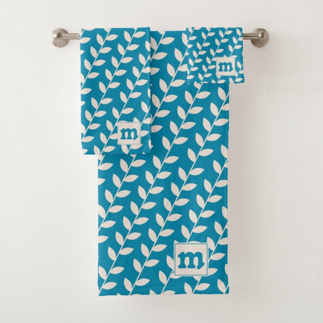 Custom Blue 70s Retro Leaf Pattern Monogram Bath Towel Set (Insitu)