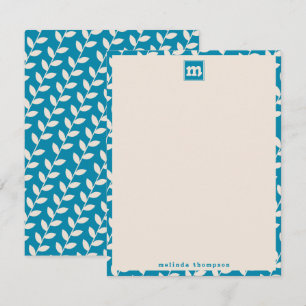 Custom Blue 70s Retro Leaf Pattern Monogram Card