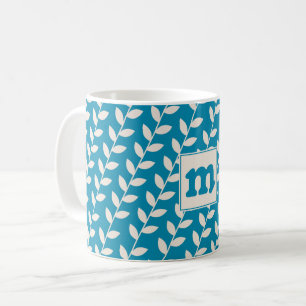 Custom Blue 70s Retro Leaf Pattern Monogram Coffee Mug