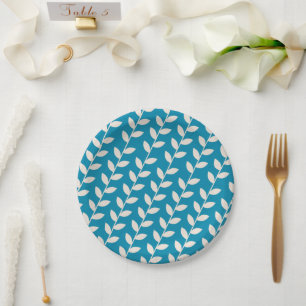 Custom Blue 70s Retro Leaf Pattern Paper Plate
